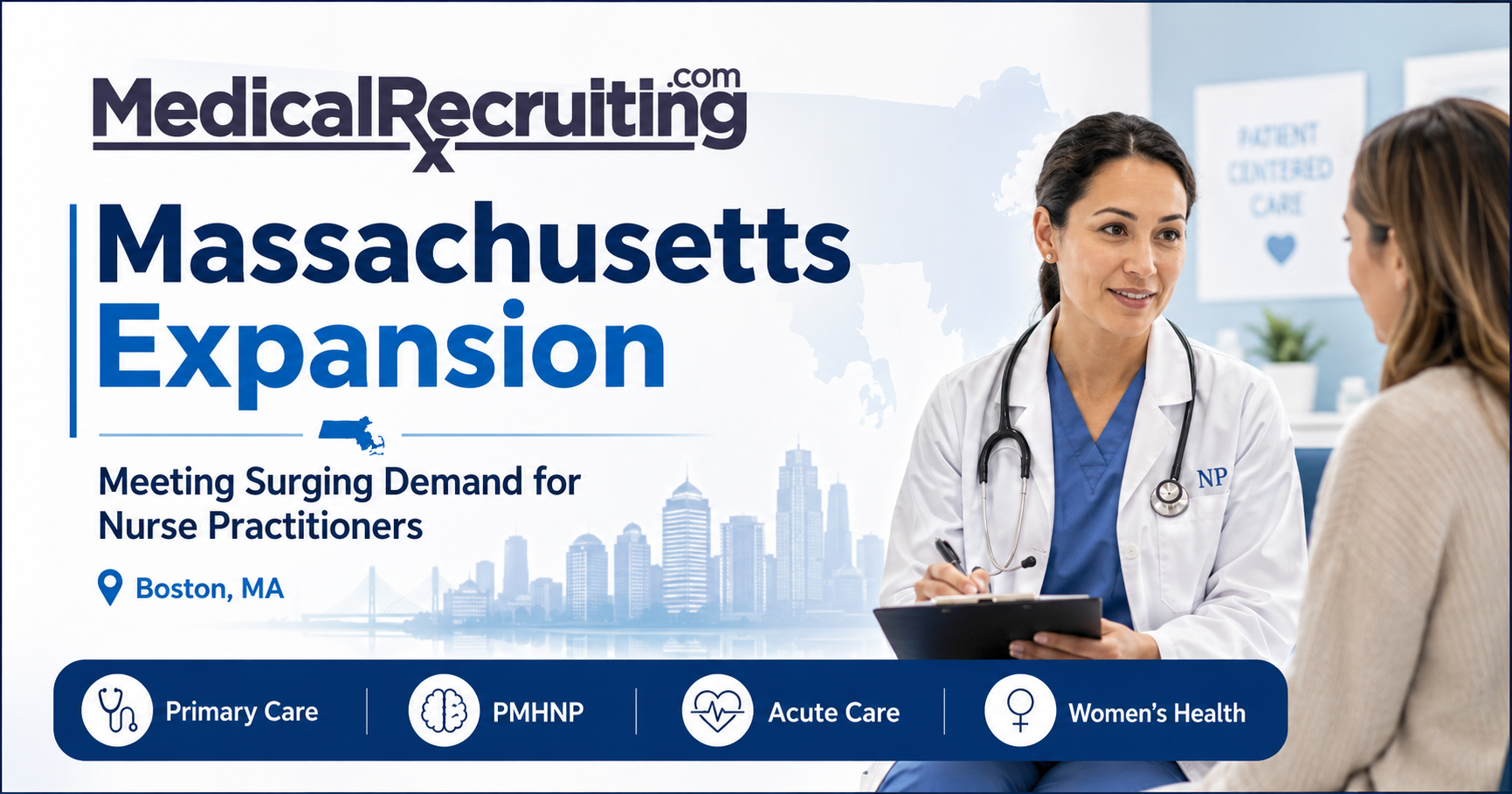 MedicalRecruiting.com Massachusetts Expansion — Meeting surging demand for nurse practitioners in Boston, MA. Specialties: Primary Care, PMHNP, Acute Care, Women's Health.